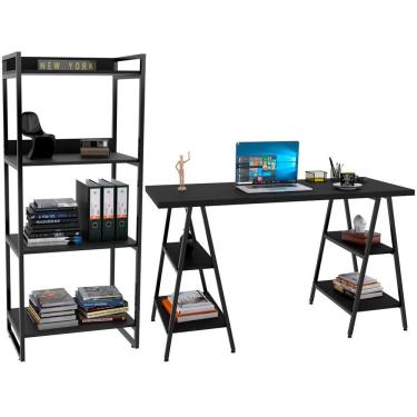 Imagem de Kit Mesa Cavalete 135 Cm Com Estante 4 Prateleiras Preto