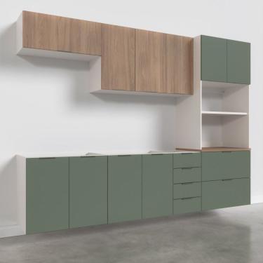 Imagem de Cozinha Modulada 5 Peças Sem Tampo 2 Aéreos 2 Balcões 1 Torre Quente Ipanema Cabecasa Madeiramadeira Acácia/Verde
