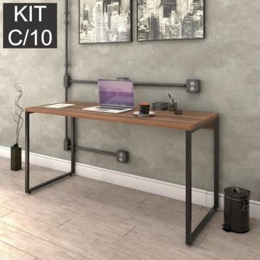 Imagem de Kit Com 10 Escrivaninhas Kuadra 150Cm Estilo Industrial Compace Nogal/Preto