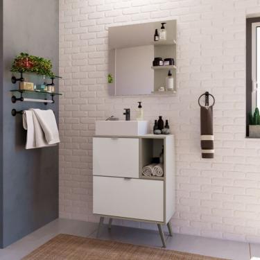 Imagem de Gabinete Com Pés Para Banheiro 60Cm Com Cuba E Espelheira Nordic Branco/Argento