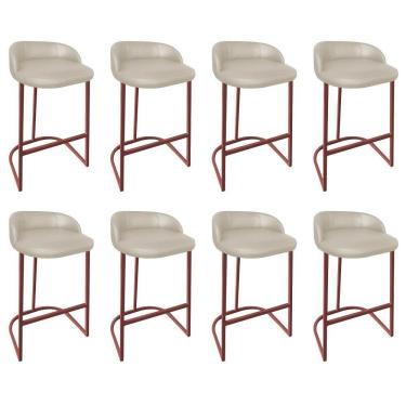 Imagem de Kit 08 Banqueta Betyna Com Encosto Alta Cozinha Bar Balcão Ferro Bronze Corino Bege - Amey Decor
