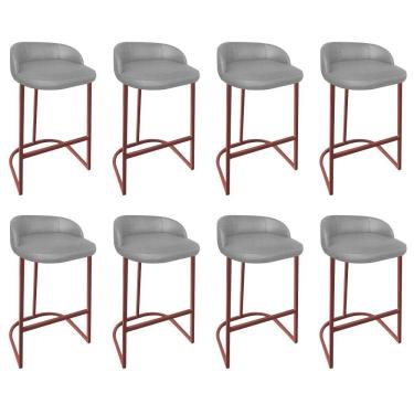 Imagem de Kit 08 Banqueta Betyna Com Encosto Alta Cozinha Bar Balcão Ferro Bronze Linho Cinza - Amey Decor