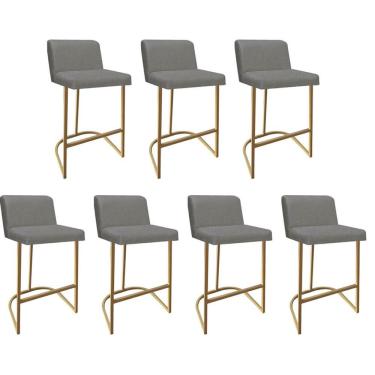 Imagem de Kit 07 Banquetas Com Encosto Confort Bistrô Cozinha Ferro Dourado Linho Cinza - Amey Decor