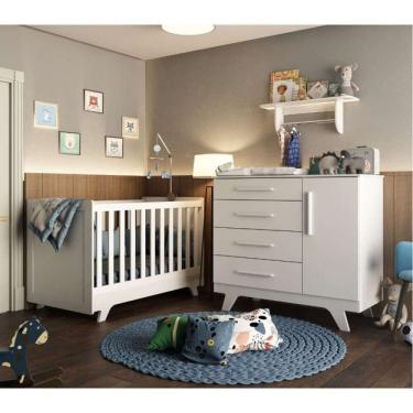 Imagem de Conjunto Para Quarto De Bebê Com Cômoda Berço E Prateleira Retrô Branco Brilho