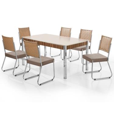 Imagem de Mesa De Jantar Claudia Com Tampo Kanon 6 Cadeiras Aço Nobre Off White, Bege E Nogal