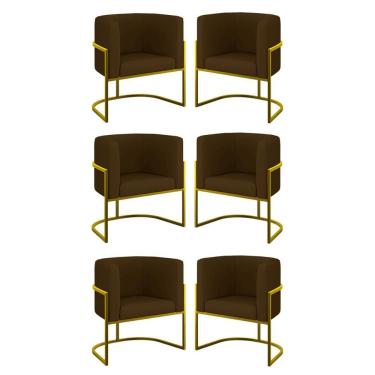Imagem de Kit 06 Poltronas Lua Sala Decorativa Base Ferro Gold Corino Marrom