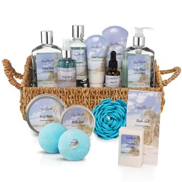 Imagem de Aqua Elegante Conjuntos De Presentes Para Spa Banho - Cesta Luxo Com Kit Oceano E Coco, Incluindo Sabonete Líquido, Espuma, Loção, Sais, Esfoliante Corporal, Spray, Bucha Banho, Bombas Em Madeira