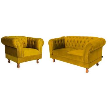 Imagem de Uma Namoradeira + Uma Poltrona Chesterfield Capitone - Suede Amarelo /