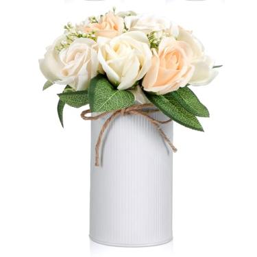 Imagem de Domensi Vaso de flor de metal galvanizado decorativo de 15 cm de altura com laço de barbante vintage rústico baldes de flores de estanho para recipiente de mesa floral artificial DIY (branco, 1 peça)