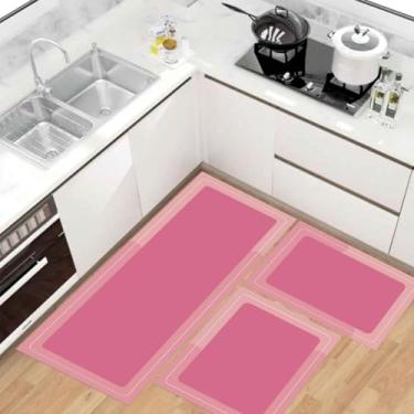 Imagem de Kit Tapete Passadeira de Cozinha Antiderrapante Absorvente (Detalhe Rosa Liso)