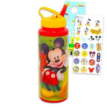 Imagem de Disney Conjunto de garrafa de água reutilizável Mickey Mouse – Pacote com garrafa de água de plástico de 850 g com canudo para casa, escola, esportes, adesivo plus, mais recipiente esportivo