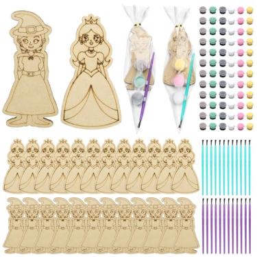 Imagem de Honoson Conjunto de 24 lembrancinhas de festa de bruxa, rosa e verde, faça você mesmo, pintura de princesa de madeira, kit de artesanato para colorir sua própria princesa, kit de artesanato para