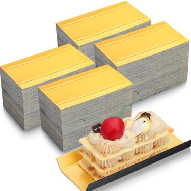 Imagem de MotiMind 500 peças mini retangulares dobráveis de papelão, placa de bolo, mini mousse, bases de bolo, papelão para bandejas de exibição de sobremesas (dourado, preto)