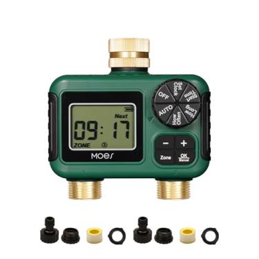 Imagem de MOES Temporizador de irrigação de 2 saídas, entrada e saída de latão, controlador de irrigação automático programável, atraso de chuva, rega manual, temporizador de mangueira de água de 2 zonas para
