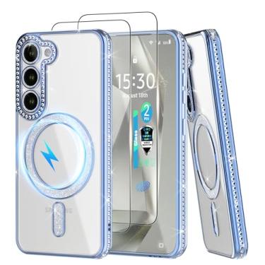 Imagem de YmhxcY Capa magnética para Galaxy S23, [2 x 0,18 película protetora de tela de vidro temperado com impressão digital] Diamante fofo para glitter, moda luxuosa, brilhante para Samsung Galaxy S23 6,1