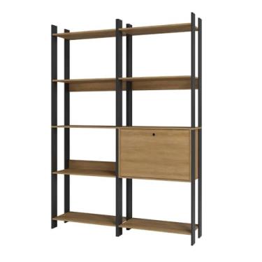Imagem de BRV Móveis Kit 2 Estantes para Livros Estilo Industrial com 10 Prateleiras e Portas Lâmina Mel/Preto – Livreiro Organizador para Home Office e Sala