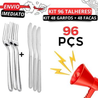 Imagem de Jogo Kit 96 Talheres Inox para Cozinha 48 Garfos 48 Facas Talheres Par