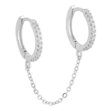 Imagem de Brinco Argola Dupla Com Corrente E Pedra Zircônia Prata 9 Mm