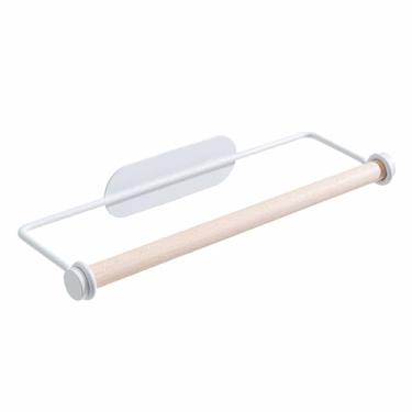 Imagem de Suporte De Toalha De Papel Wall Mounted Organizador De Cozinha Multifuncional para Toalhas De Papel Cling Film Toalhas Ferro e Faia Madeira Branco