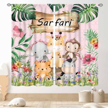 Imagem de TKUYO Cortinas infantis de animais de safári, girafa elefante macaco floresta floresta tropical folha rosa cortinas para janela para meninos meninas bebê sala de estar quarto berçário sala de aula 2