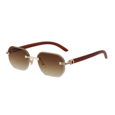 Imagem de Óculos de sol sem armação para homens e mulheres, com hastes com imitação de madeira, bordas cortadas simples, proteção UV400 com ponte dupla. (C4)