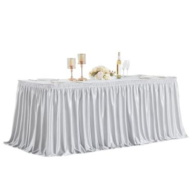 Imagem de Wish Care Saia de mesa de cetim prata de 1,8 m para mesas retangulares, sem rugas, com glitter, toalha de mesa, plissada, para casamento, aniversário, chá de bebê, festa, banquete, bolo, professor