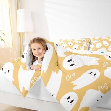 Imagem de Manfei Conjunto de edredom de fantasma fofo, tamanho Queen, tema de feliz dia das bruxas, decoração de quarto de adultos, estilo desenho animado amarelo, microfibra ultramacia, enchimento interno, 3