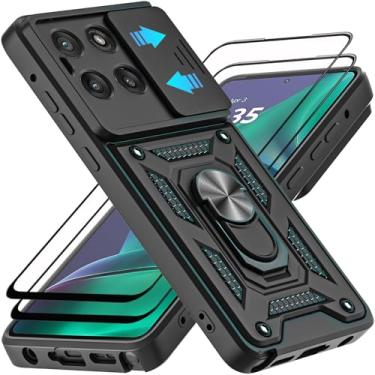 Imagem de AKINIK Capa para Motorola Moto G Stylus 5G 2025, com protetor de tela de vidro temperado [2 peças] e capa deslizante para câmera, suporte de anel de rotação de 360° [grau militar] (preta)