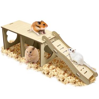 Imagem de Tfwadmx Esconderijo e rampa de madeira para animais pequenos – Sistema de túnel de hamster com escada de escalada, galpão de espião e câmaras de escavação para ratos, hamsters anões