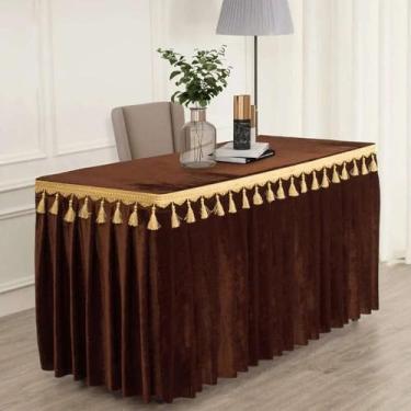 Imagem de Toalha de mesa de veludo dourado para conferências, exposições, pendurada, com franjas, para saia de mesa com borlas, retangular, marrom, 180x60x75 cm