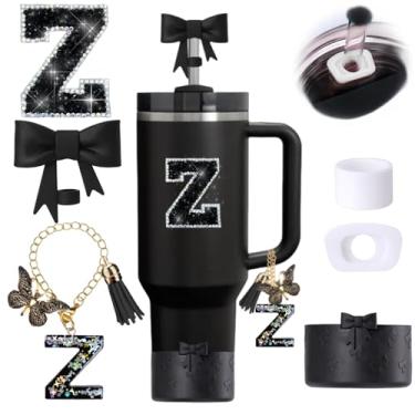 Imagem de Conjunto de 6 peças de acessórios para copos Stanley Pretos, Topper de canudo com laço para Stanley Cup 850 g 1,134 g, incluindo cobertura de palha e bota de silicone com laço, tampas à prova de