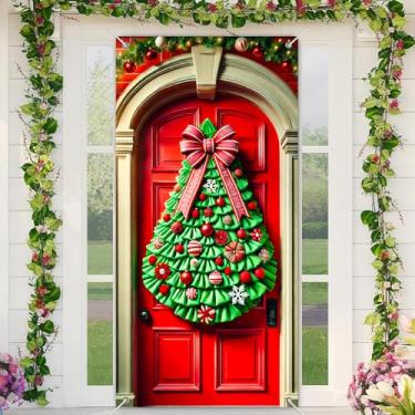 Imagem de BlissYard Capa de porta de Natal verde guirlanda de árvore de Natal silhueta de veado estrela branca 89 x 188 cm faixa de porta de férias suporte de cabine de fotos decoração de festa interior ao ar