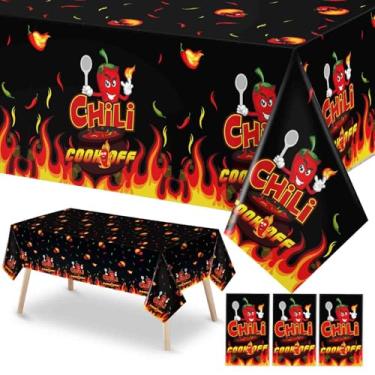 Imagem de Oudain 3 peças de toalhas de mesa Chili Cook Off 218 cm x 129,5 cm, decorações de festa de pimenta descartáveis, capas de mesa com chama de pimenta para churrasco mexicano (estilo vívido)