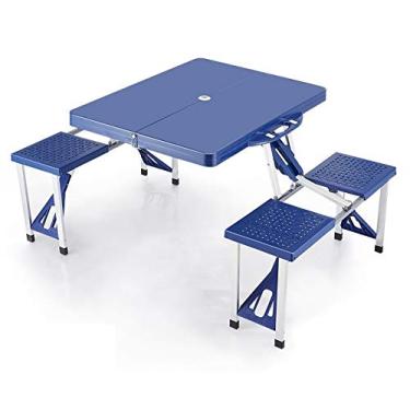 Imagem de Mesa Dobrável de Alumínio Azul Com 4 Banquetas Para Camping Vira Maleta