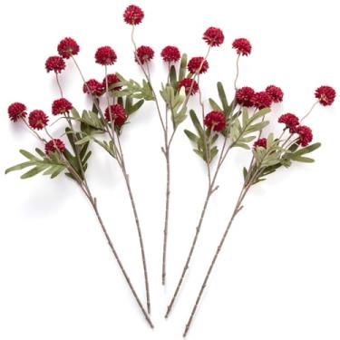 Imagem de Flor artificial Kiku Borgonha – 5 peças de pompom falso para mães de seda pequena crisântemo bola falsa outono flor decoração para outono casamento enchimento DIY buquê centros de mesa arranjos