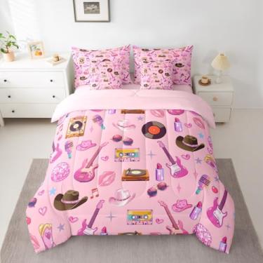 Imagem de Conjunto de edredom para meninas, 7 peças, guitarra rosa, gato, vaqueira, ocidental, moderno, feminino, para decoração de quarto rosa, conjunto de cama com edredom, lençóis, fronhas e capa de almofada