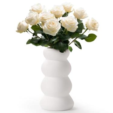 Imagem de BosilunLife Vaso de cerâmica com design de bolhas empilhadas – Vaso de flores escultural moderno boho para decoração de casa, prateleira ou mesa de centro de mesa (branco não vidrado)