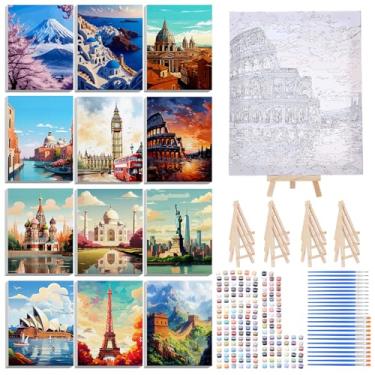 Imagem de RoundFunny Conjunto de 12 conjuntos de pintura por números para adultos pintura de paisagem urbana 20 x 25 cm com moldura de madeira cavalete pincéis de tintas acrílicas aquarela tinta a óleo por