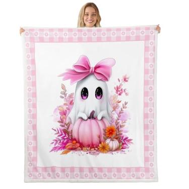 Imagem de Manfei Lindo cobertor de lã de folha de flor de abóbora de outono cobertor de lã xadrez rosa Halloween mantas aconchegantes para cama, sofá, decoração de quarto de crianças, meninos e meninas, macio e