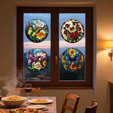 Imagem de ANATTASOUL Adesivo de janela estática com girassol e borboleta, 1 folha reutilizável para vidro, adesivo removível de janela dupla face de 120 cm x 30 cm para decoração de quarto, escritório, casa