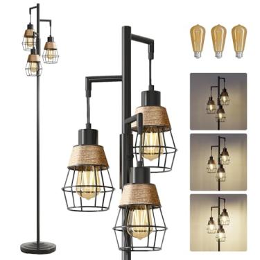 Imagem de Oneach Candeeiros de chão de 172 cm para sala de estar, luminária de chão Boho regulável contínua com 3 lâmpadas, lâmpada de árvore de canto industrial de fazenda alta para quarto, escritório, sala de