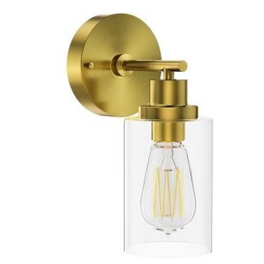 Imagem de GORDNWE Arandela de parede de banheiro de 1 luz, luminária dourada escovada, luminária de parede moderna com sombra de vidro transparente e base de lâmpada E26, luminária de parede para espelho
