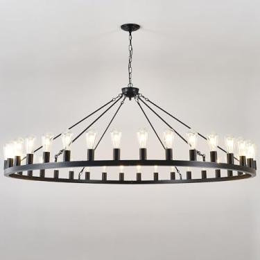 Imagem de ZBMYRBZJ Lustre de roda de vagão preto grande 162,6 cm, lustres de roda de vagão de fazenda com 36 luzes de teto industriais redondas para varanda ao ar livre tetos altos sala de jantar entrada