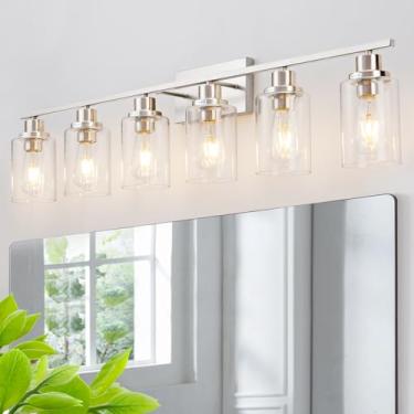 Imagem de HCCZ 6 luminárias de banheiro de níquel escovado sobre espelho moderno arandelas de iluminação de parede para banheiro, quarto, sala de estar, soquete E26 com persiana de vidro
