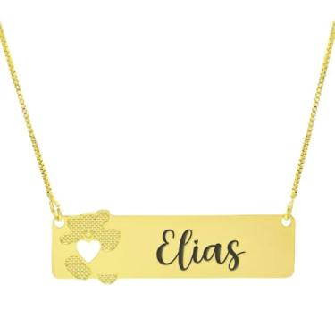 Imagem de Colar Personalizado Ursinho Coração Vazado Gravação Elias Banhado Ouro 18K - 999012179