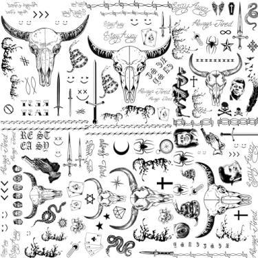 Imagem de TASROI Kit de maquiagem temporário de Halloween com 6 folhas de tatuagens de rapper Malone, tatuagens temporárias de arame farpado, adesivo de tatuagem de rosto malone para homens, mulheres e crianças