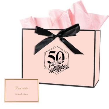 Imagem de Bolsa de presente grande de 50 anos, com cartão e papel de seda para homens e mulheres, sacos de presente personalizados de 33 cm, sacos de presente de aniversário de 50 anos para decorações de