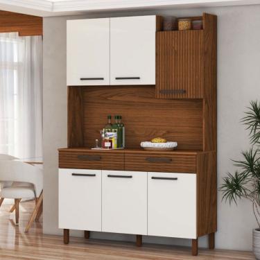 Imagem de Armário de Cozinha com Balcão Ushuaia 6 Portas 2 Gavetas Ripado 3d Nogueira/Off White - Panorama Móveis