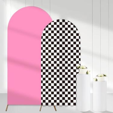 Imagem de Cheerupp Conjunto de 2 capas de fundo de arco com tema rosa e preto, preto, quadriculado, elástico, arco, suporte para fotografia para aniversário Bad Two The Bone Race Car Party Decor