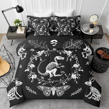 Imagem de Conjunto de cama de esqueleto de dinossauro em uma bolsa, 7 peças, animais góticos, borboleta, conjunto de roupa de cama infantil, exóticas, flores boho, folhas com elástico, lençol de cima, fronha